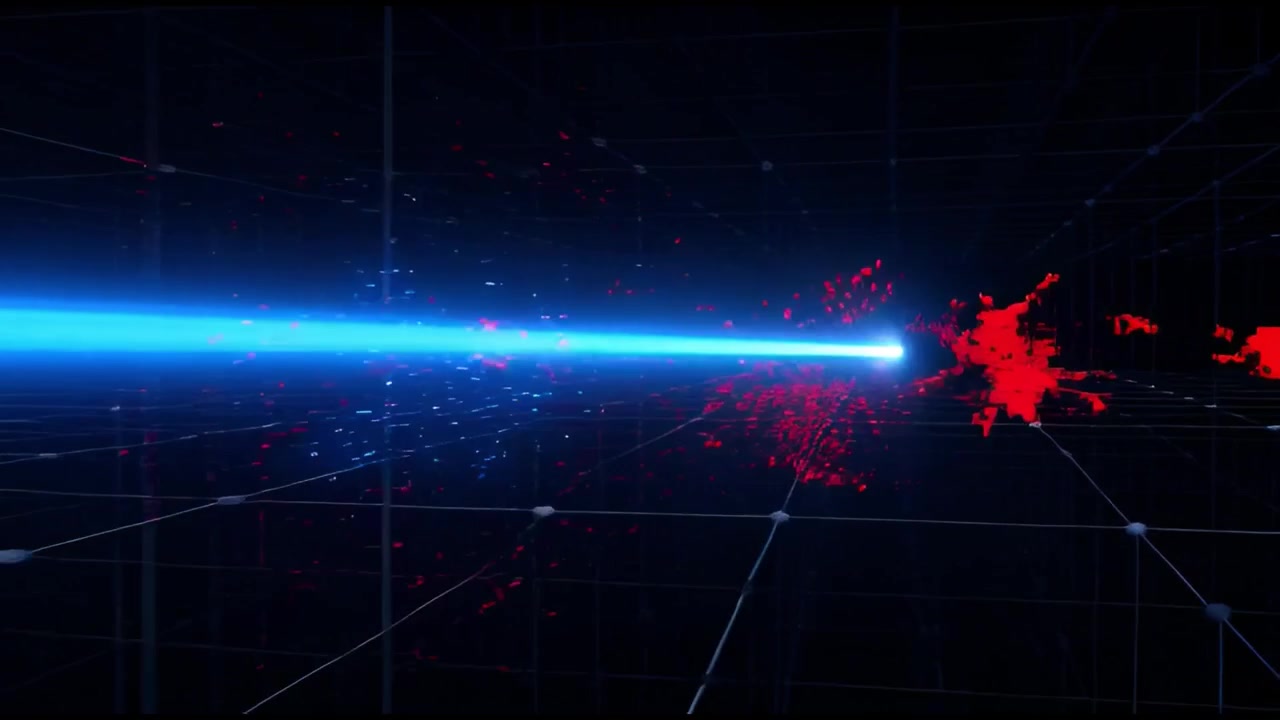 Griglia di dati astratta con raggio di luce blu e particelle rosse in dispersione