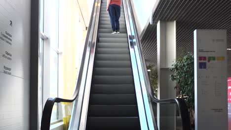 person walking up escalator in a mall