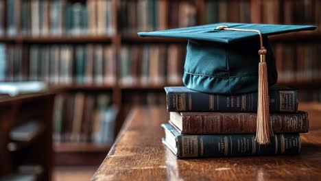 graduation cap on books in library