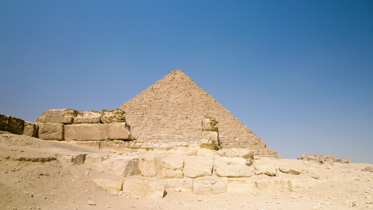 Pyramid Complex Of Limestone Plateau In Giza, Egypt, Middle East. Tilt-up Shot