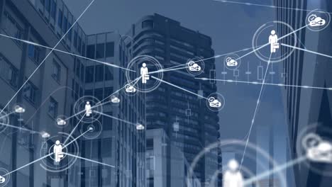 animation of connected icons and graphs over low angle view of buildings against cloudy sky