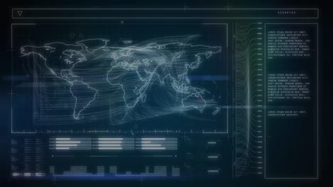animación de pantalla digital con mapa del mundo y procesamiento de datos