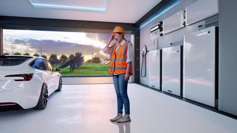 full body side view of asian female engineer with safety helmet having a headache while working with home energy storage system in a modern garage