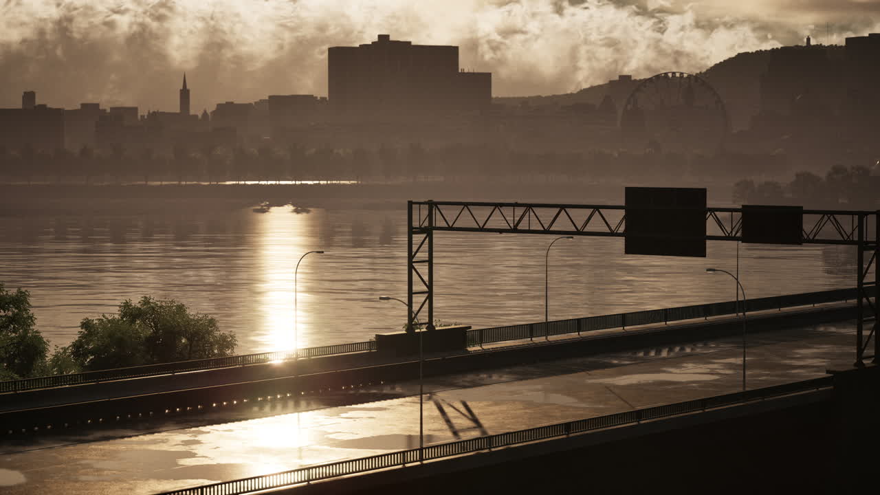 silueta de un horizonte de la ciudad al atardecer sobre un puente
