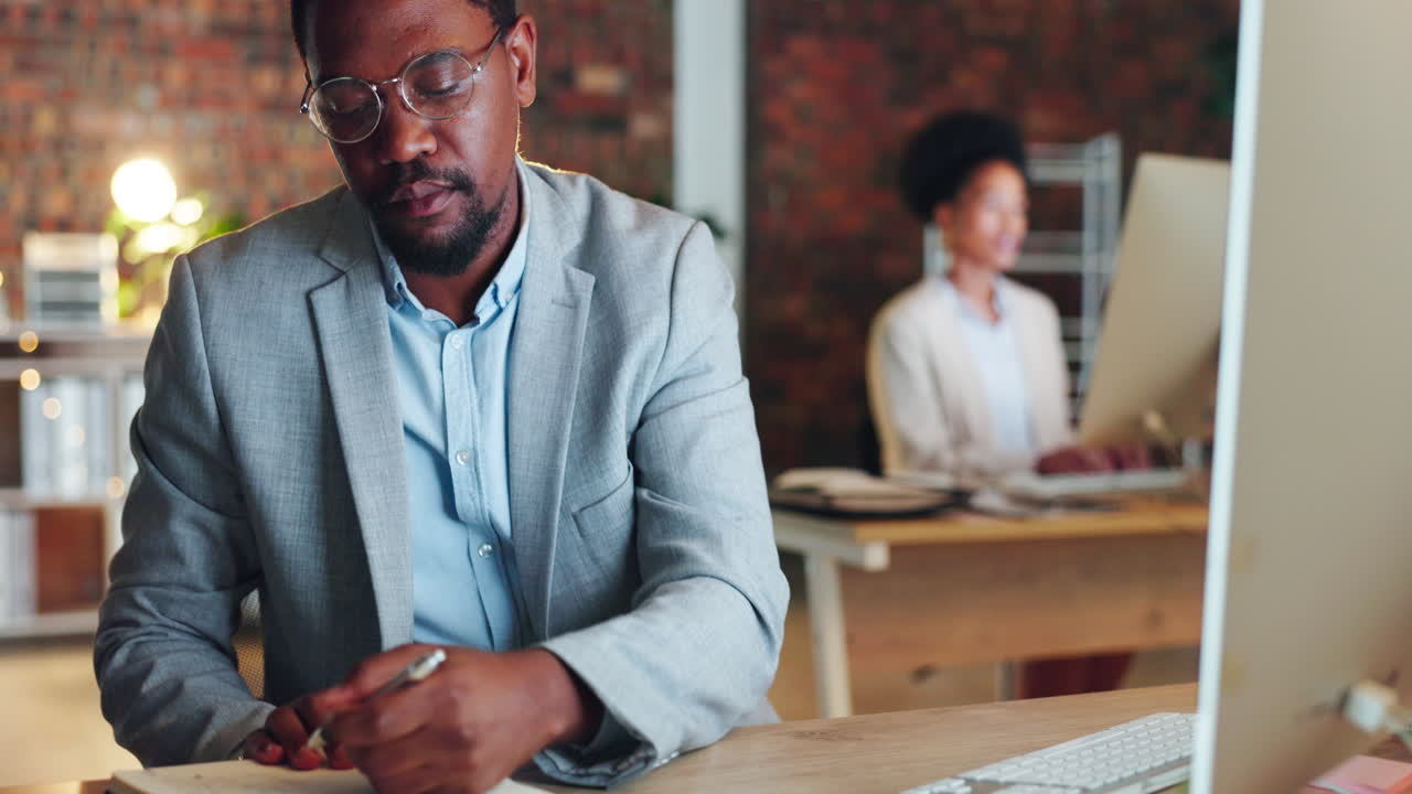 Computer, startup or black man with focus