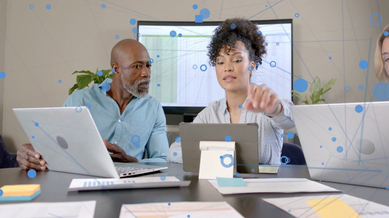 Woman tapping tablet holding sheet and showing charts to explain business data with animated dots