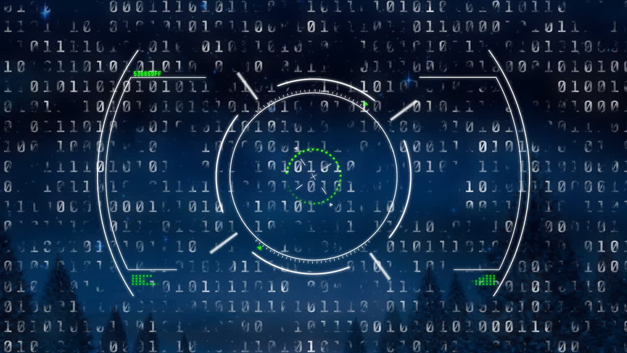 Binary code and circular data processing animation over night sky with trees