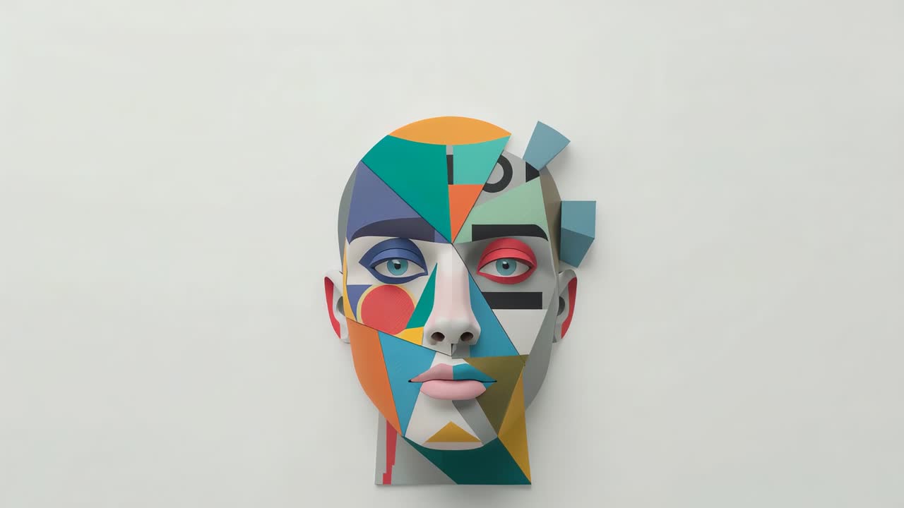 Abstract head sculpture pivoting as frames advance in gallery display, with layered cyan extrusions