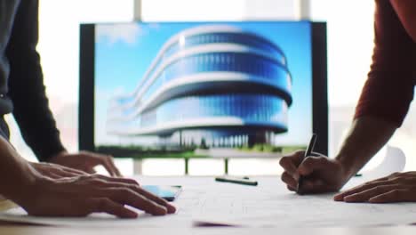colleagues engage in discussion while reviewing architectural drawings and digital plans at a construction office. they use tools and tablets to facilitate communication and brainstorming.