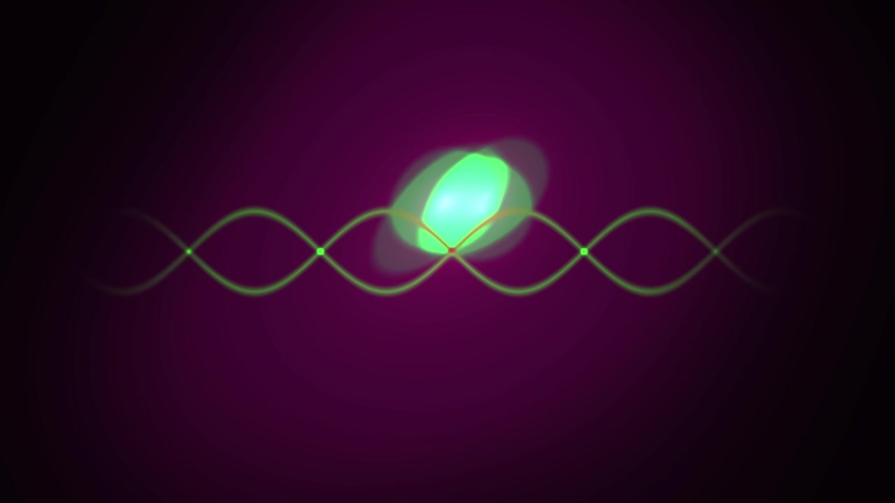 Abstract Green Wavy Line with Glowing Particles Moving on Dark Purple Background