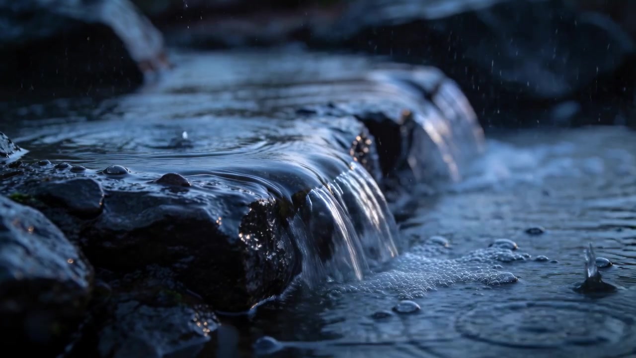 Sottile velo d'acqua che scorre su una sporgenza rocciosa scura al crepuscolo, con la pioggia che crea increspature e schiuma