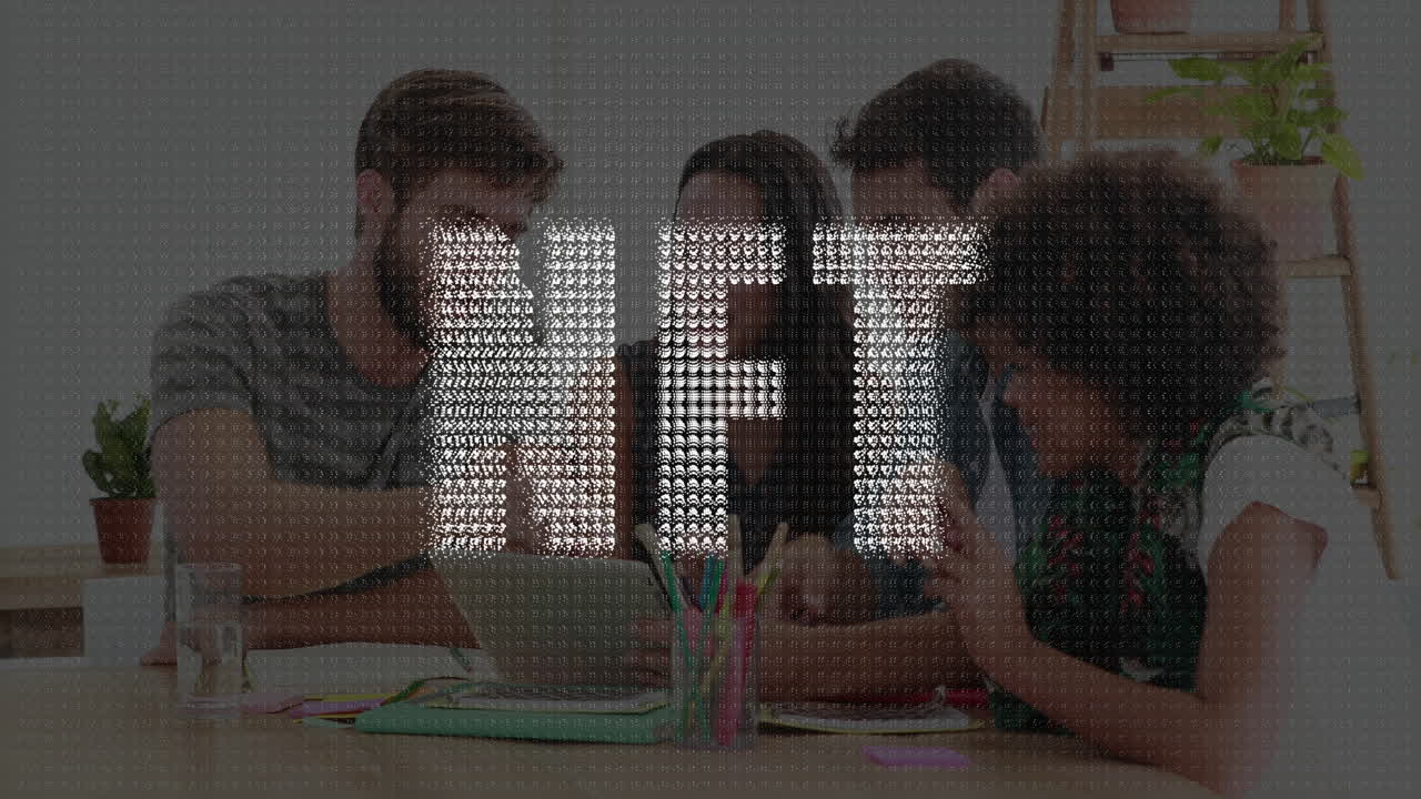 Coworkers leaning over laptop in business office, with animated graphs floating above workspace