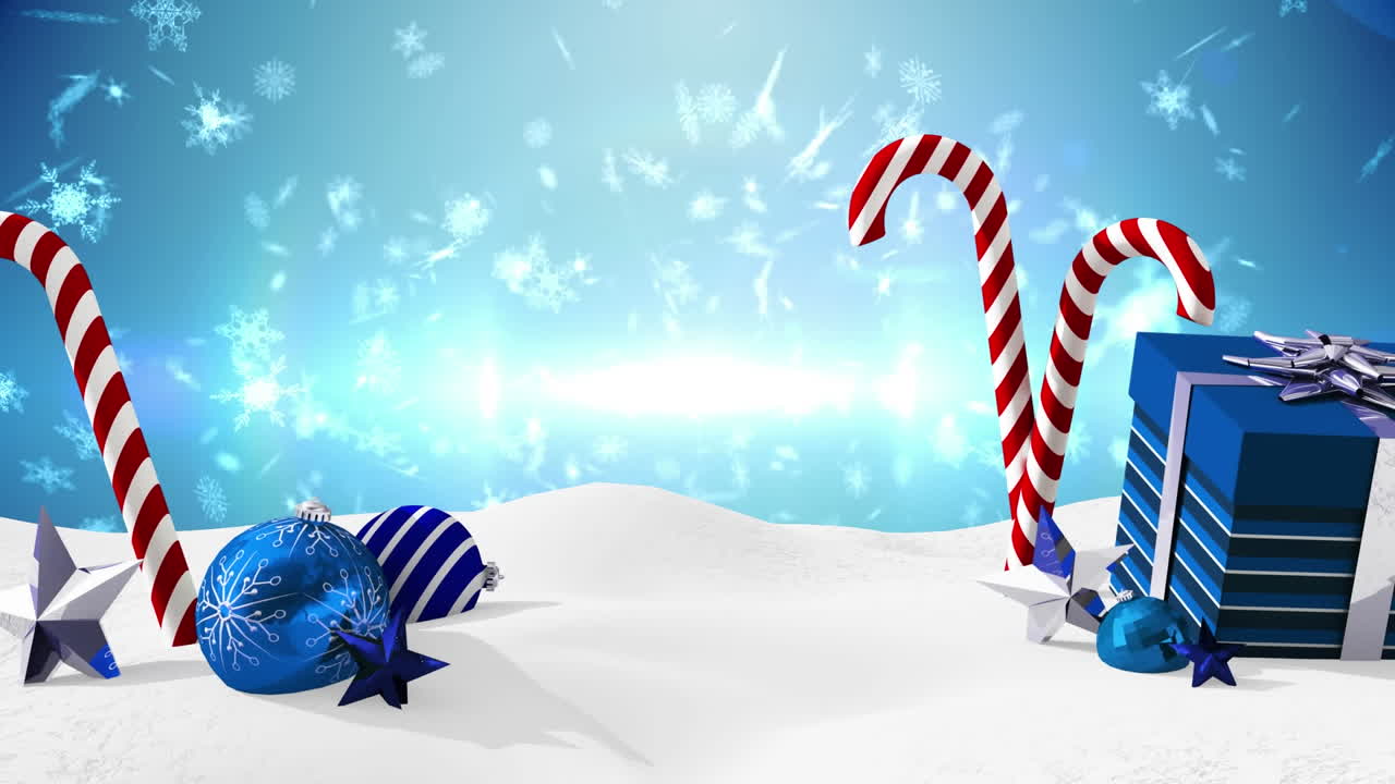 animación de nieve cayendo sobre dulces de navidad y presente en fondo azul