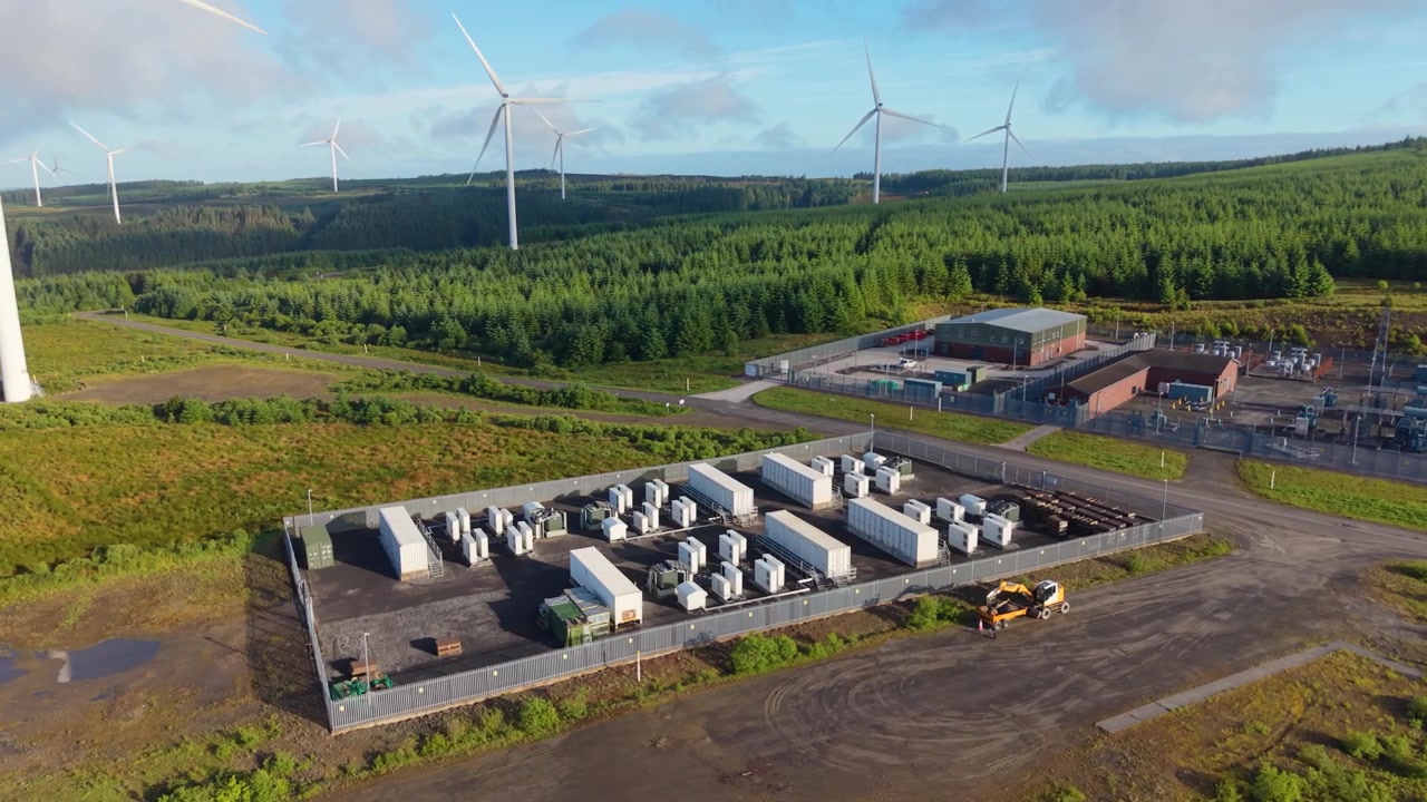 Wide View of Wind Farm Storing Energy in BESS Battery Storage System Containers.