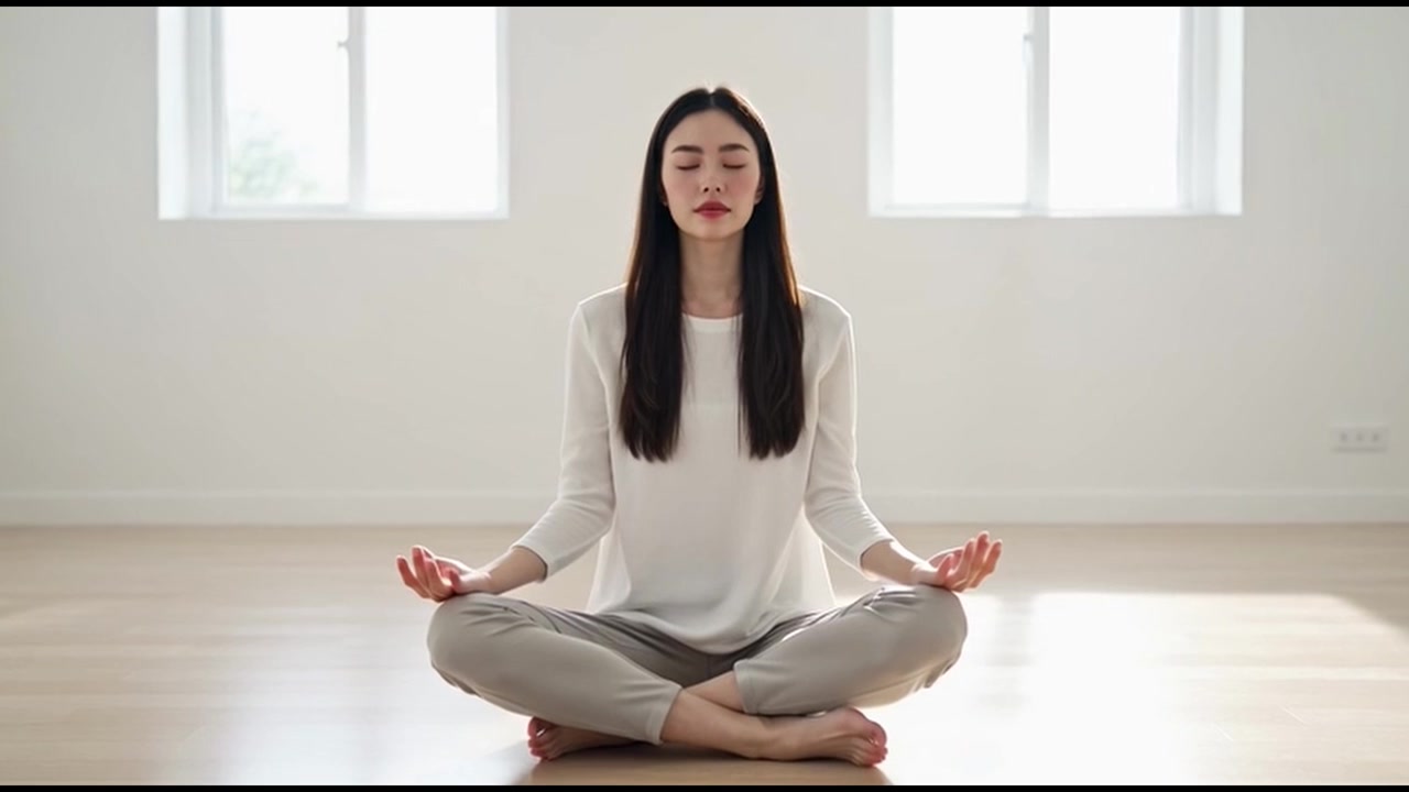 年輕女子在明亮簡約房間中冥想