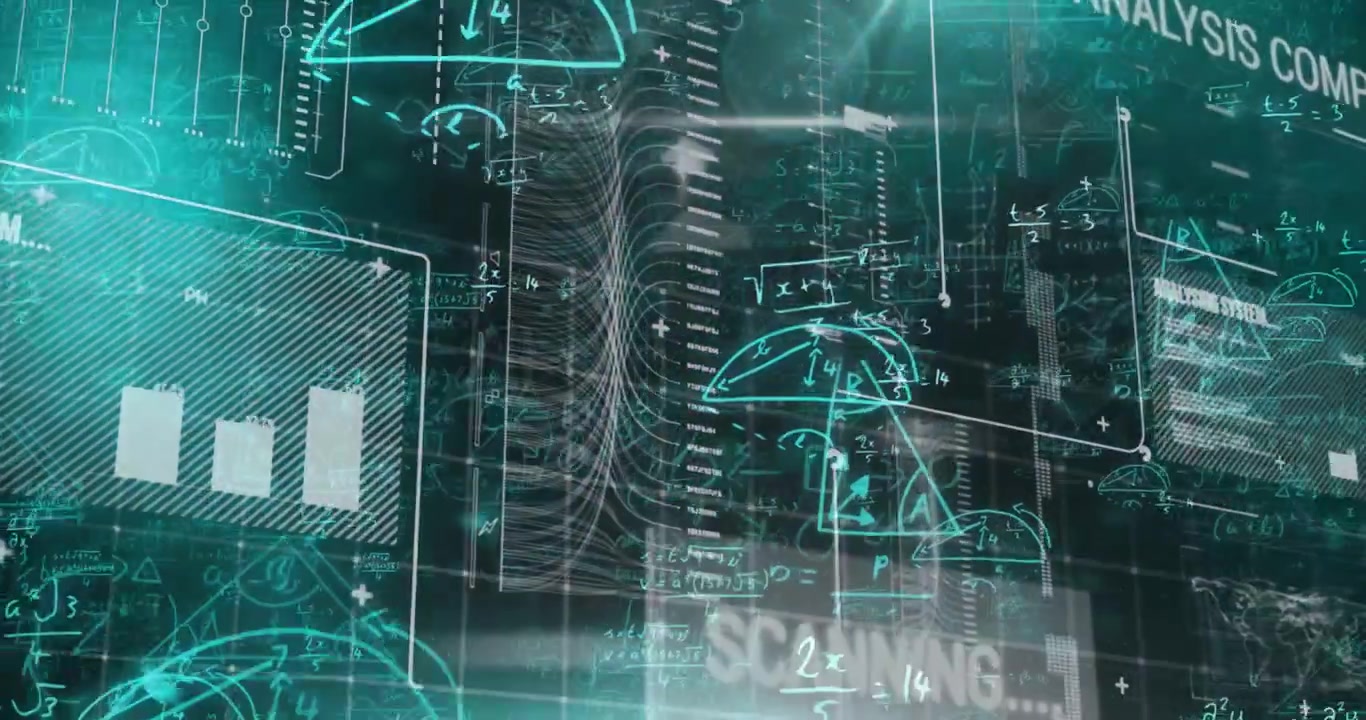 Animation of data processing with mathematical equations on black background
