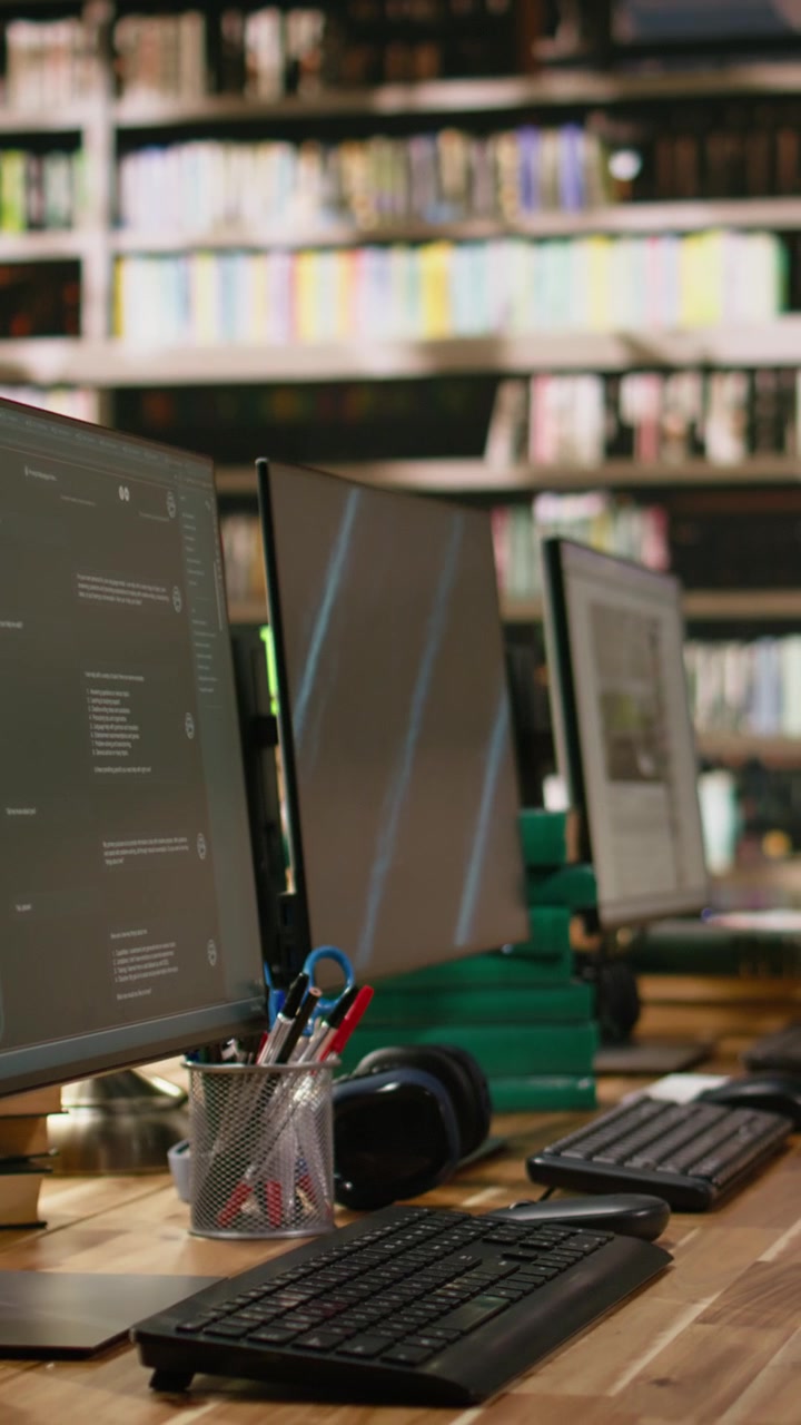 Video verticale: Primo piano di assistente virtuale e schermo di presentazione su doppi monitor