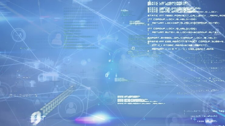 Animation of network of connections and data processing on blue background