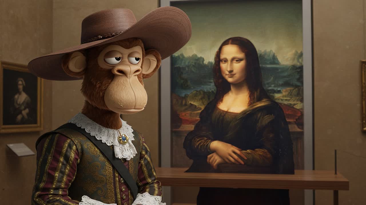 A whimsical monkey character in historical attire stands thoughtfully in an art gallery, posing in front of the iconic portrait of a famous woman with an enigmatic smile