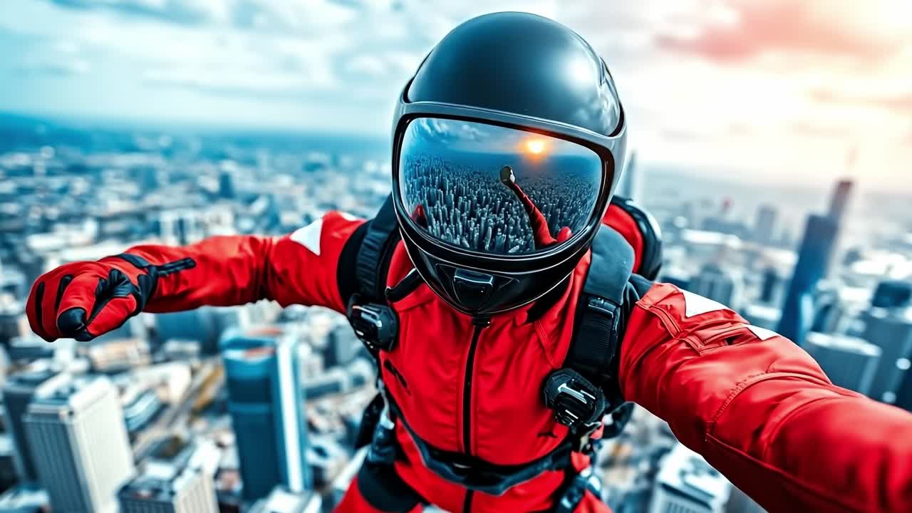 A man in a red suit and helmet is skydiving over a city