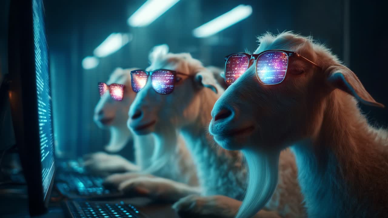 Stylish Goats Engaged in Cyber Activities: A Creative Depiction of Intelligent Animals Using Technology in a Modern Digital Environment, Wearing Sunglasses and Interacting with Computers