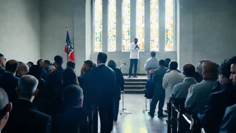 a man speaks to a large audience in a church during a military funeral ceremony