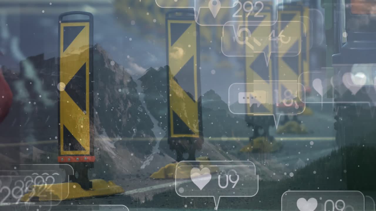 Animation of social media icons over pedestrians in city street