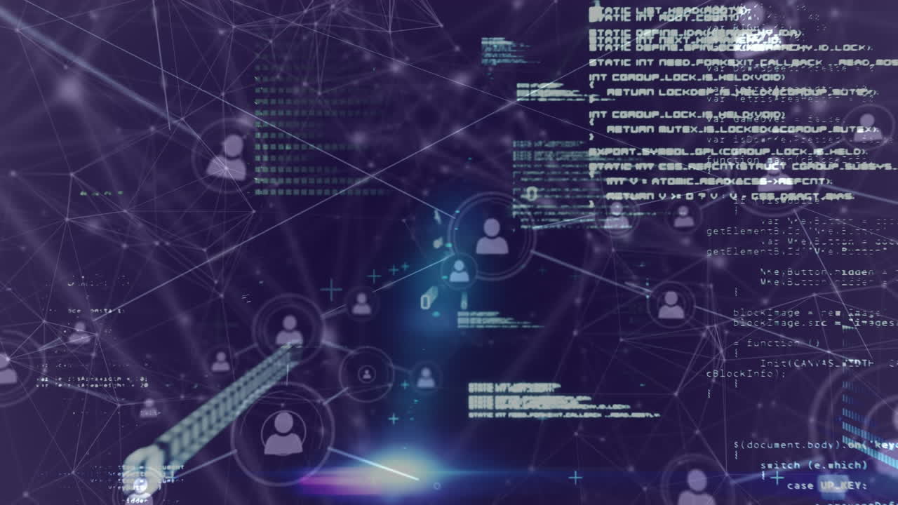 Animation of network of connected people icons with information and data processing on black