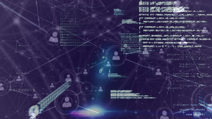 Animation of network of connected people icons with information and data processing on black