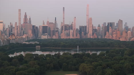 Aerial view of Central Park on a summer morning. Shot at sunrise in New York City