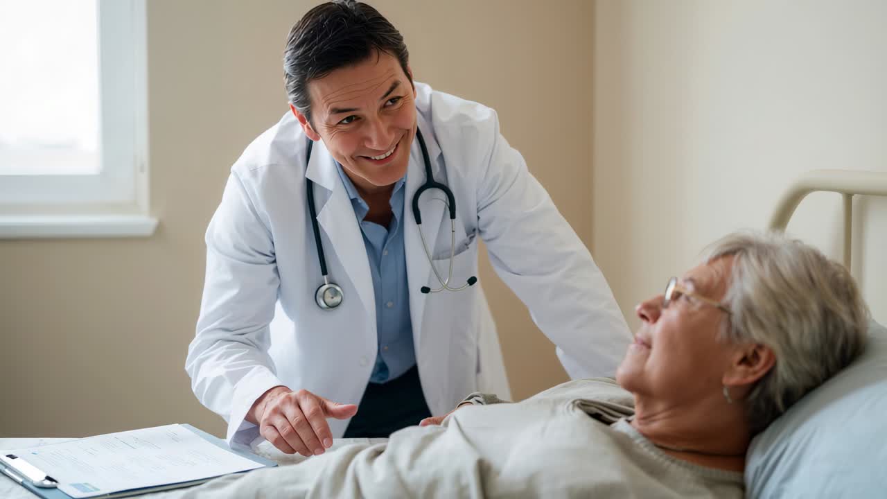 Reviewing chart, leaning doctor in lab coat reassuring patient at bedside with stethoscope