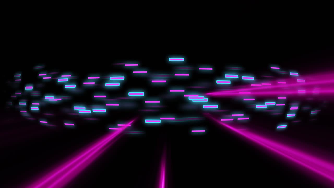 Animation of colourful neon light trails and shapes over black background