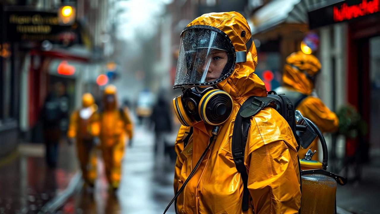 Person i gul biohazard-drakt og åndedrettsvern på bygata. En person iført en gul beskyttende hazmat-drakt står på en våt bygata i regnet.