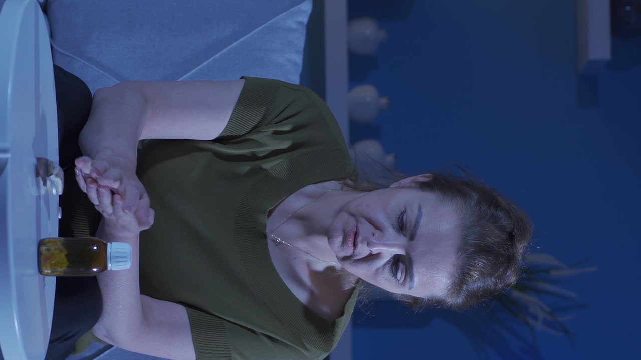 video vertical de una mujer con problemas mirando un cuchillo y píldoras frente a ella.