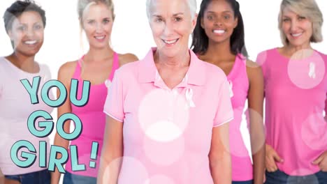 animation of you glow girl text over diverse over group of diverse group of smiling women