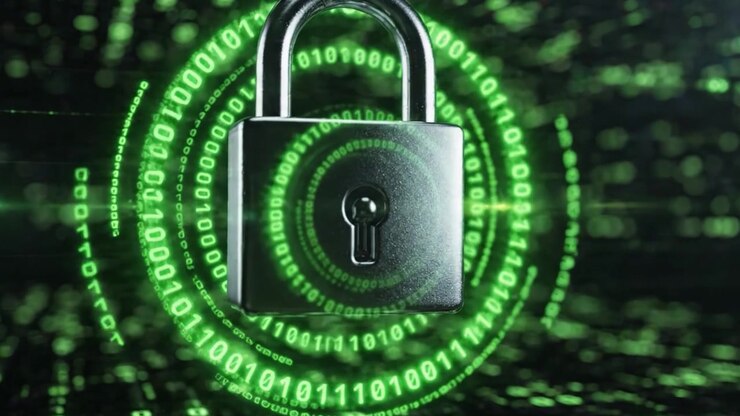 Digital Security: A Lock Surrounded by Flowing Binary Code Symbolizing Protection and Encryption in the Evolving Cyber Landscape
