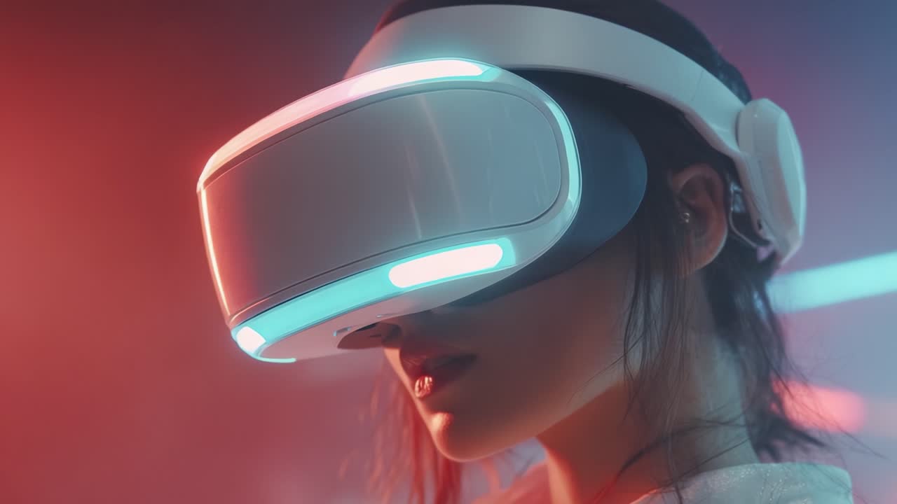 A Captivating Journey into Virtual Reality: Exploring Immersive Technologies Through the Eyes of a Modern User Wearing a Futuristic VR Headset