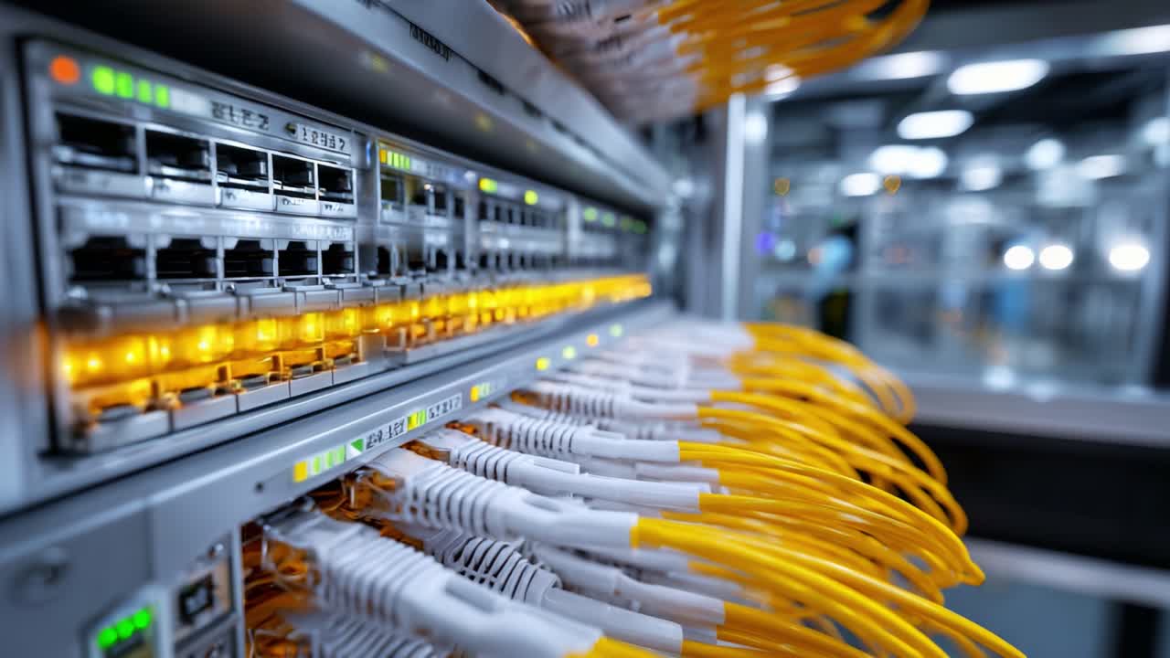 Configurazione di rete avanzata con cavi Ethernet ad alta velocità che illuminano gli switch dati in un ambiente moderno di server room per ottimizzare la connettività e le prestazioni