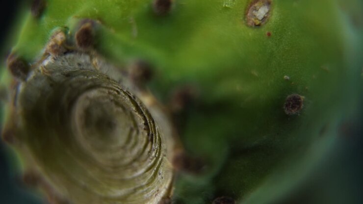 Video macro dettagliato di un cactus sabra, frutto tropicale verde, movimento fluido di scorrimento a destra, slow motion a 120fps