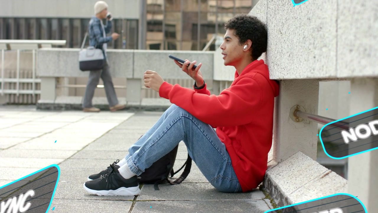 Adult male sitting on terrace raising phone checking network, causing animated tags sliding frame