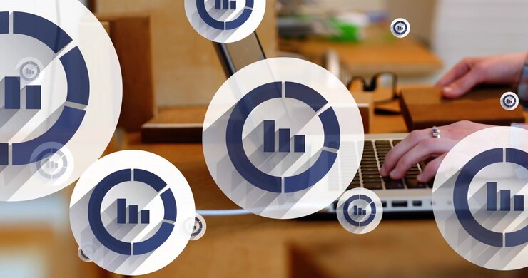 Animation of graph icon in circles over cropped hands of caucasian man typing on keyboard of laptop