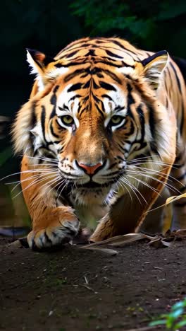 a tiger quietly stalking through dense foliage in a forest setting