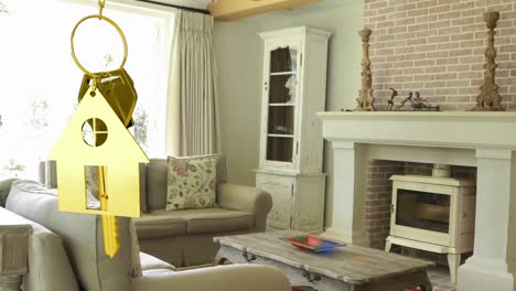 Animation-of-hanging-golden-house-keys-against-interior-of-a-living-room
