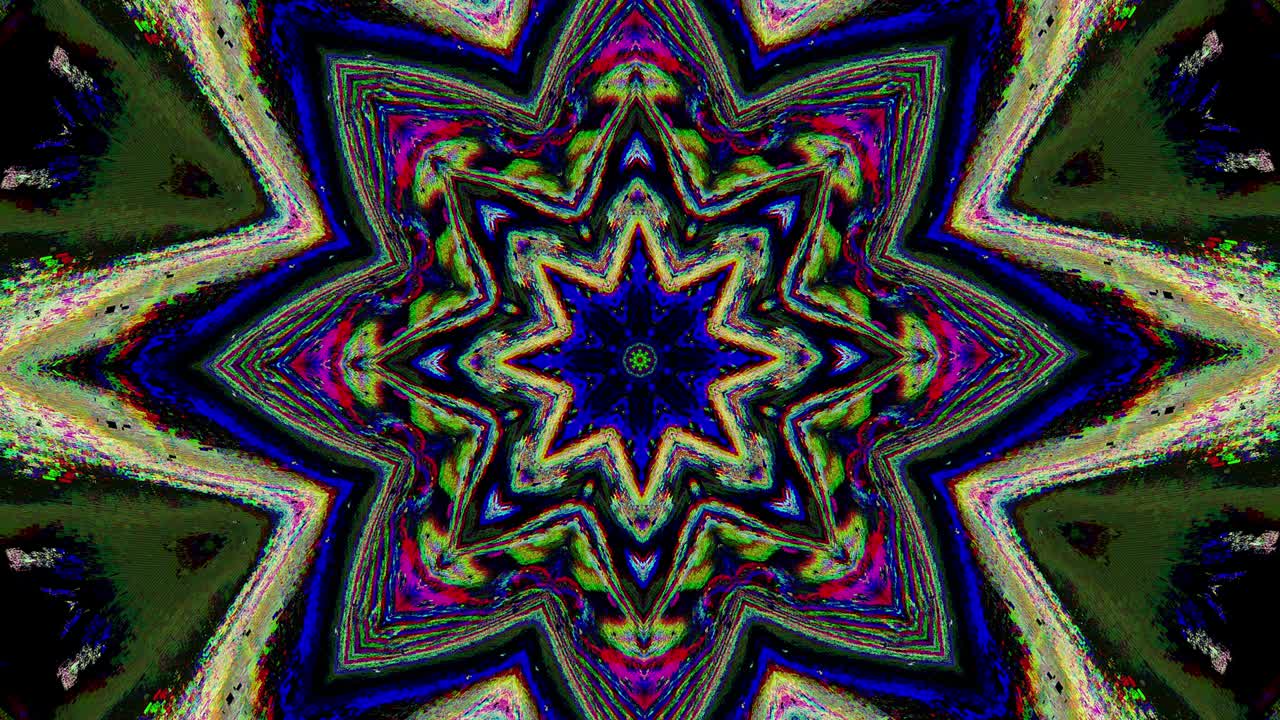 Kaleidoscope ornamental web punk dreamy holographic background. Vhs tape footage