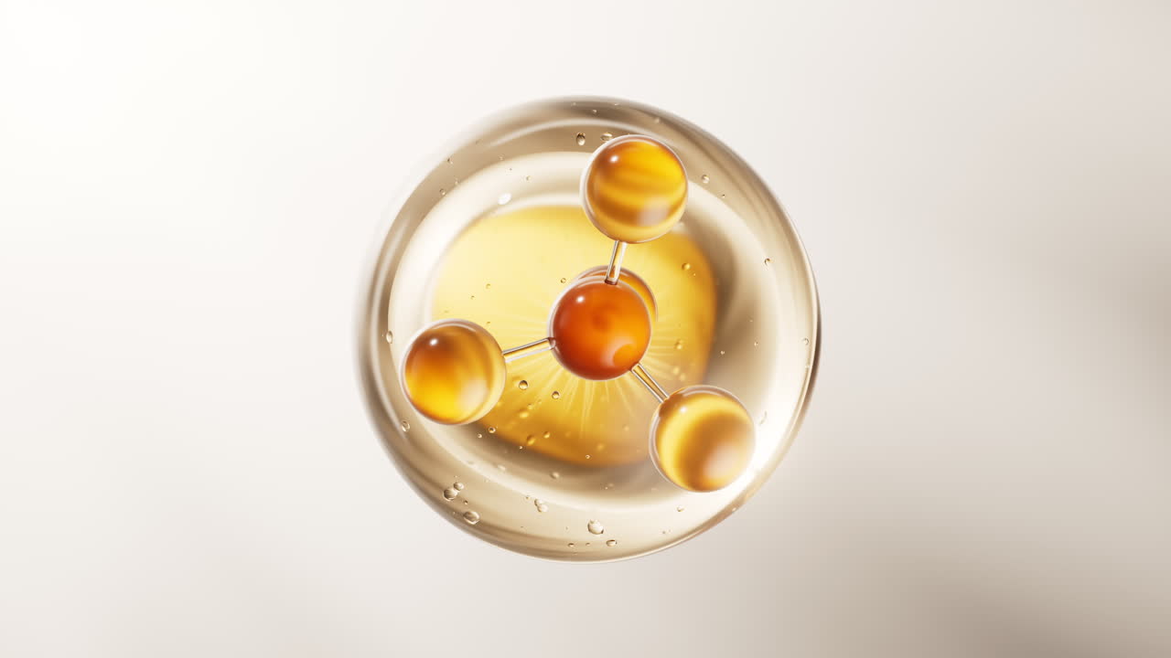 Molecola dorata biologica con sfondo cosmetico, rendering in 3D