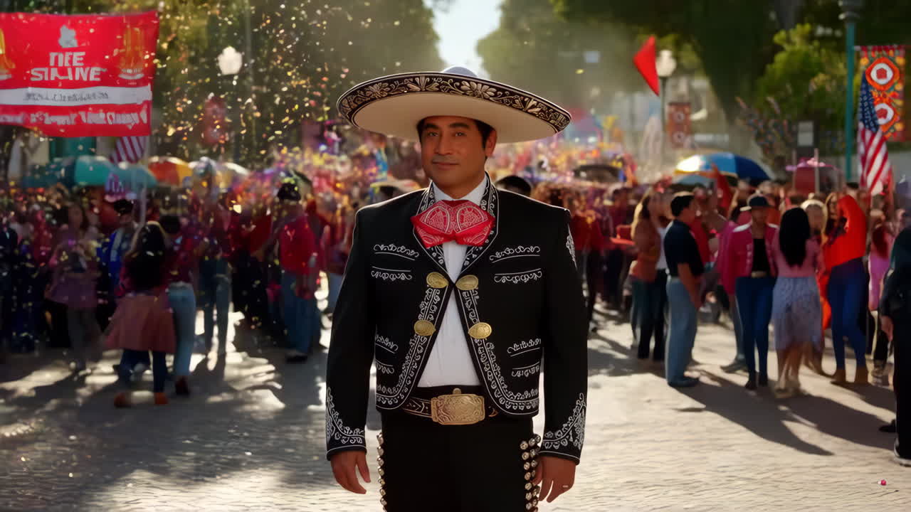 A man in traditional mariachi attire stands in a festive street parade