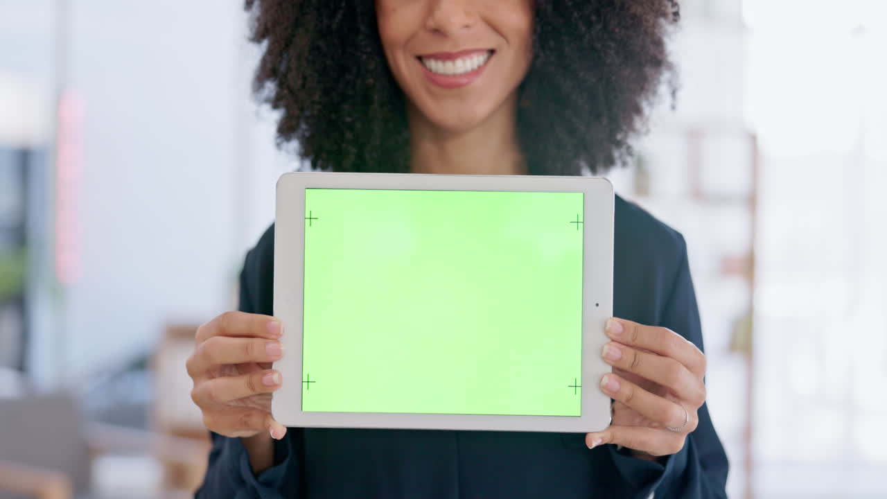 Tablet, green screen and hands of woman in office