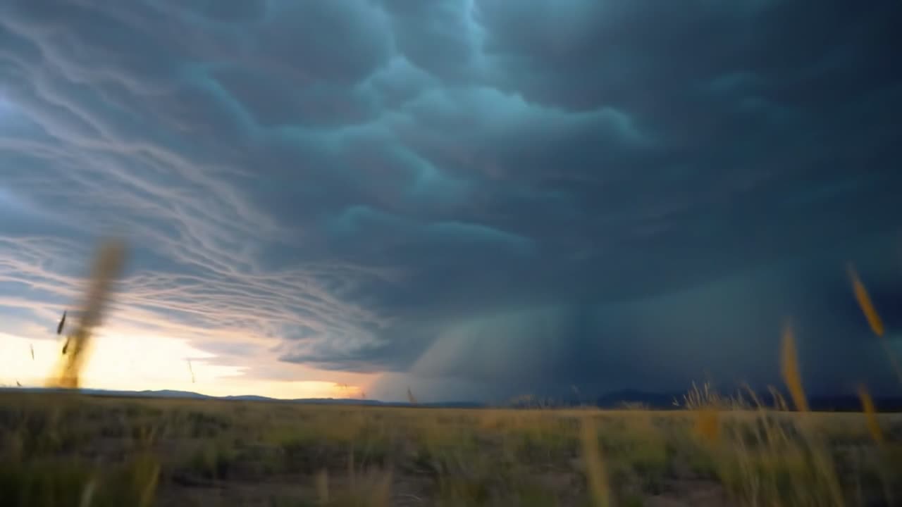 Watch as dark storm clouds gather over a golden field during sunset. The contrasting colors create a stunning visual experience showcasing nature’s power and beauty.
