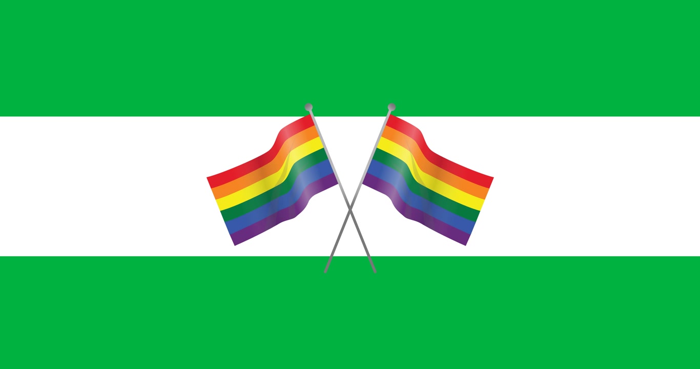 Digital animation of two rainbow flag icons over a white stripe against black background