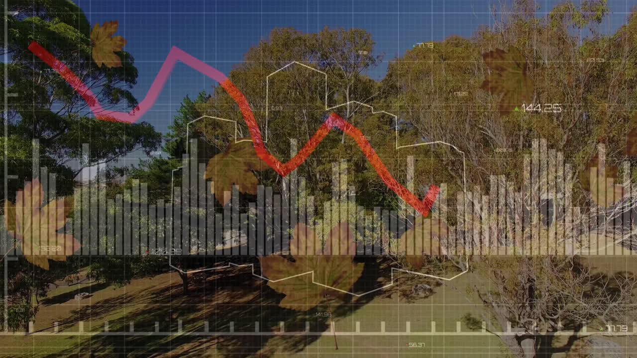 animación del procesamiento de datos financieros sobre hojas que caen y parque.